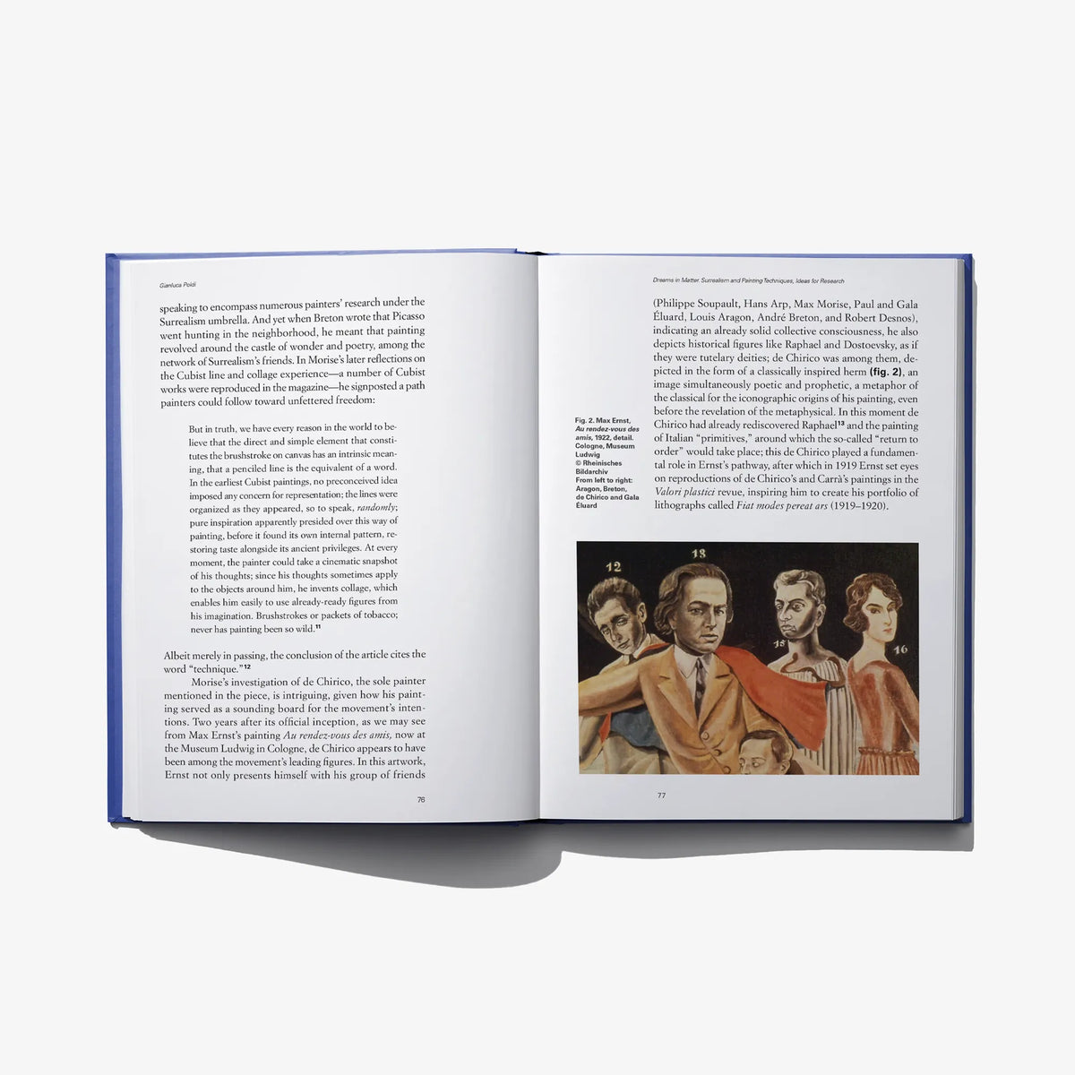 Open book spread with text pages and a small color artwork image inset on the right