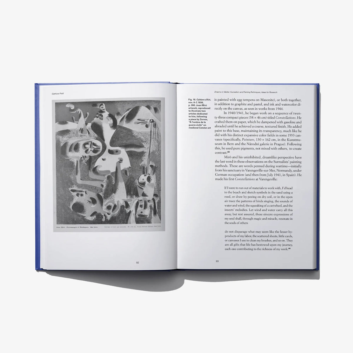 Open book spread with text and a black-and-white artwork image on the left page