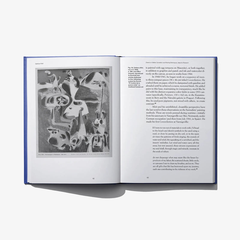Open book spread with text and a black-and-white artwork image on the left page