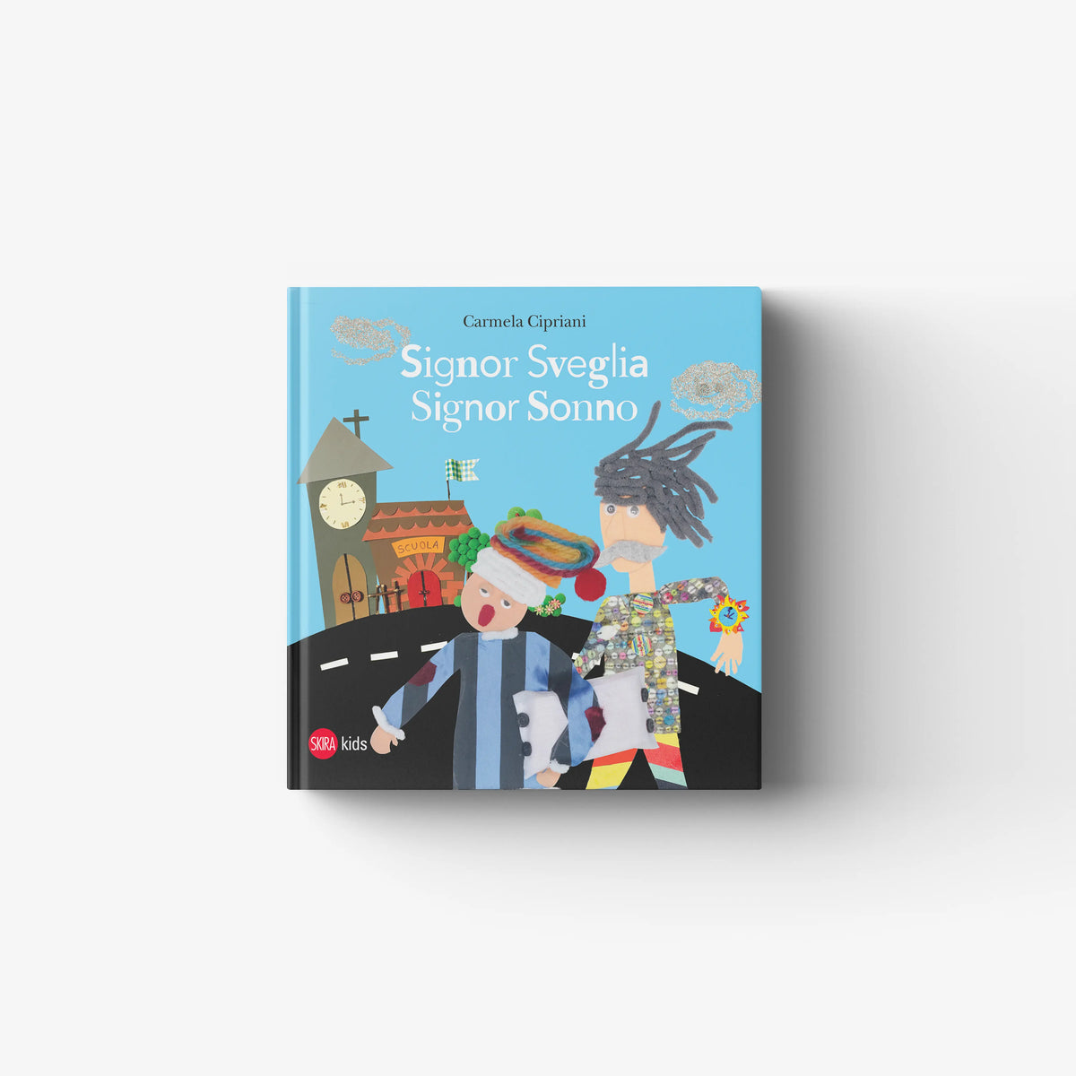 Wall clock book cover in light blue with Skira Arte Signor Sveglia Signor Sonno, Melamelandia island design