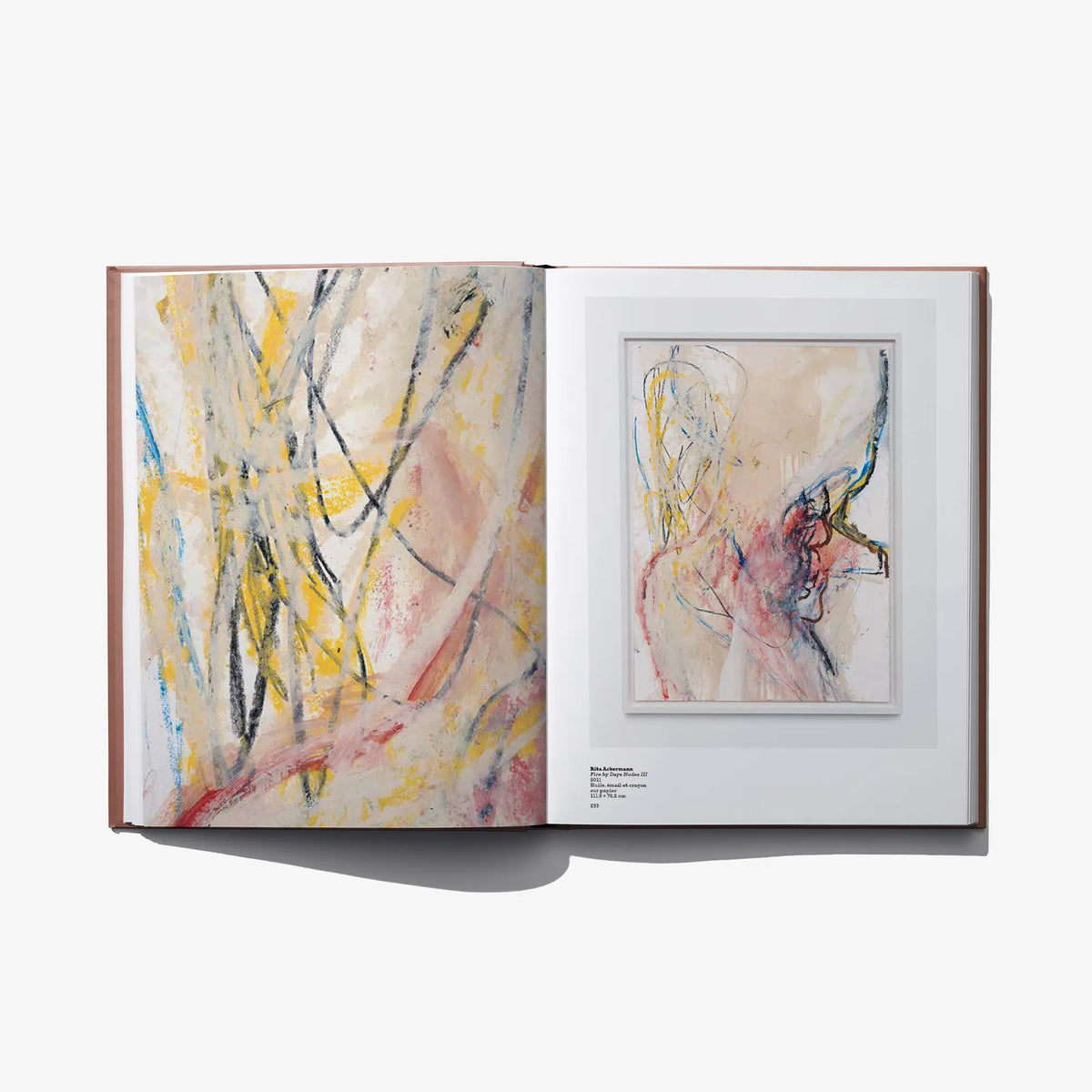 Open art book with abstract multicolor fabric artwork and a framed print page