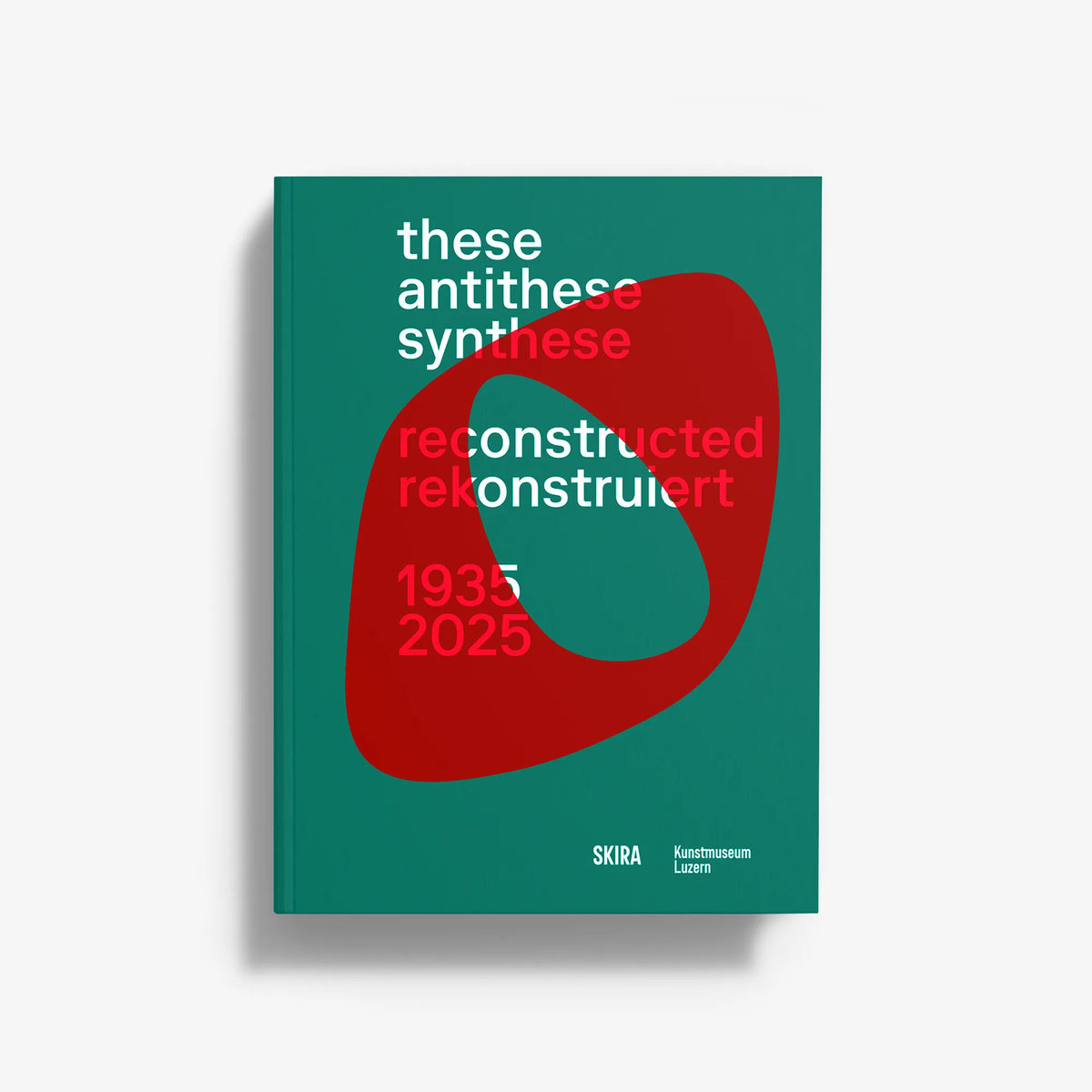 Hardcover art book cover, teal with red abstract graphic and white title text