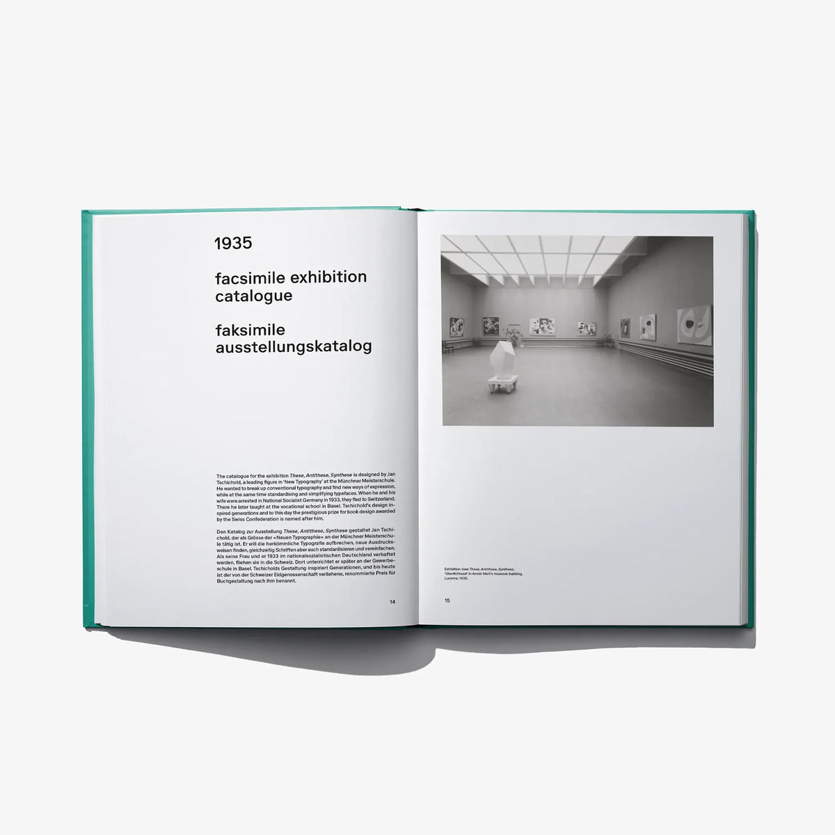 Open hardcover art book, left text and right gallery photo with sculptures