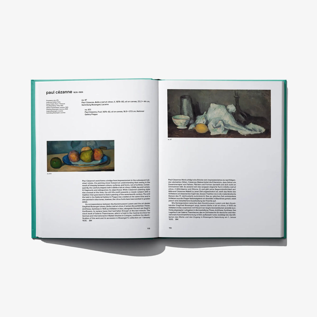 Open art book spread with artworks of still lifes and accompanying captions