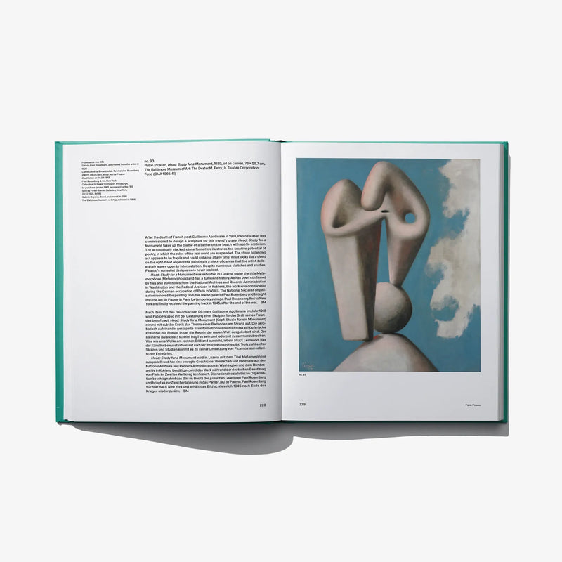 Open art book spread with figure painting on right and descriptive text left