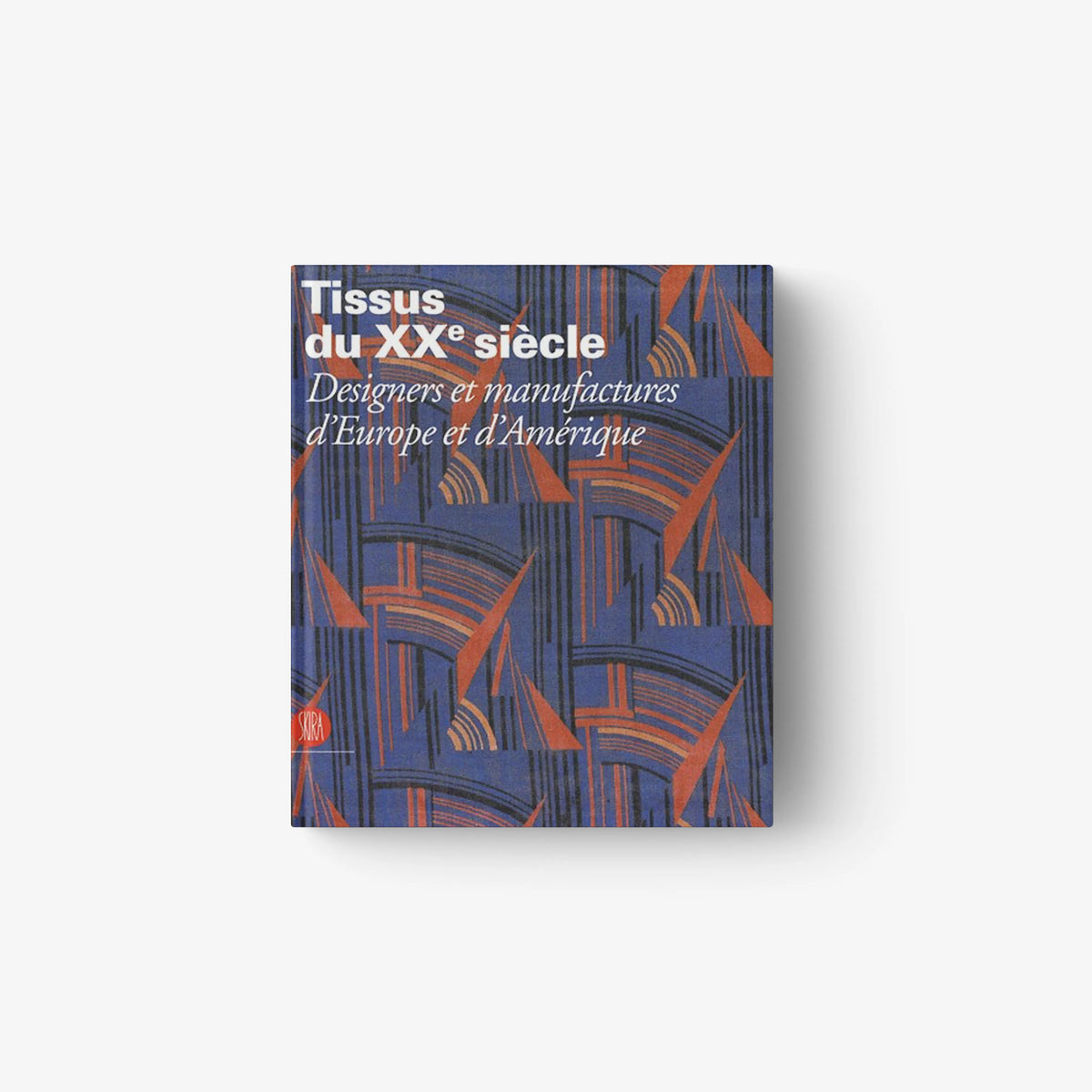 Hardcover book with blue and orange geometric fabric-pattern cover, square format