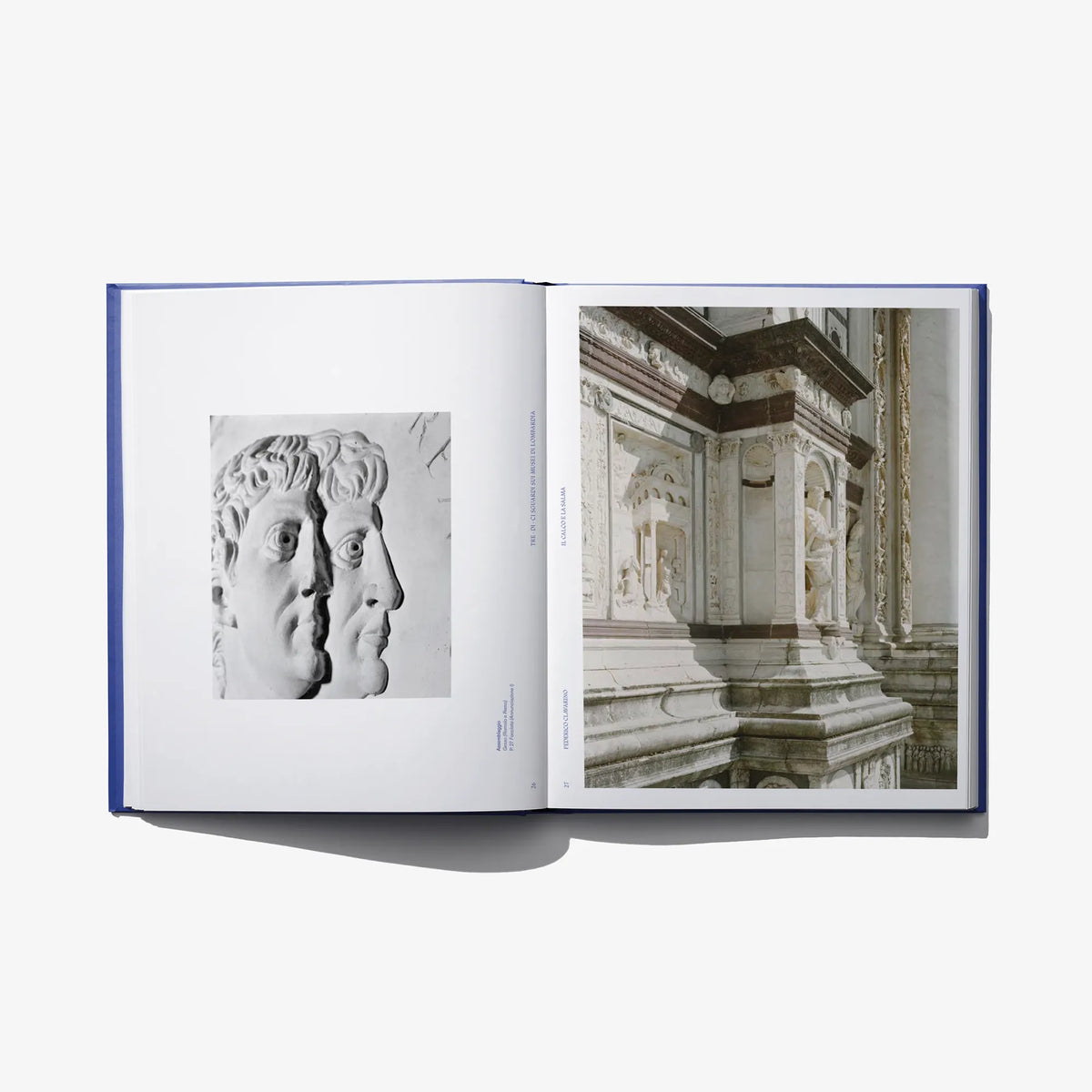 Open book spread with black-and-white architectural photo on the right page
