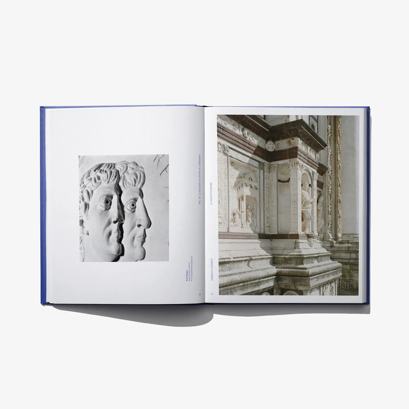 Open book spread with black-and-white architectural photo on the right page
