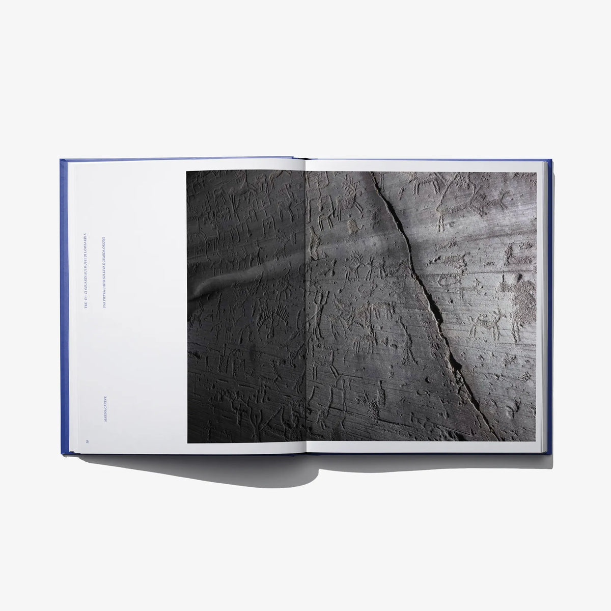 Open book spread with black-and-white stone relief texture close-up