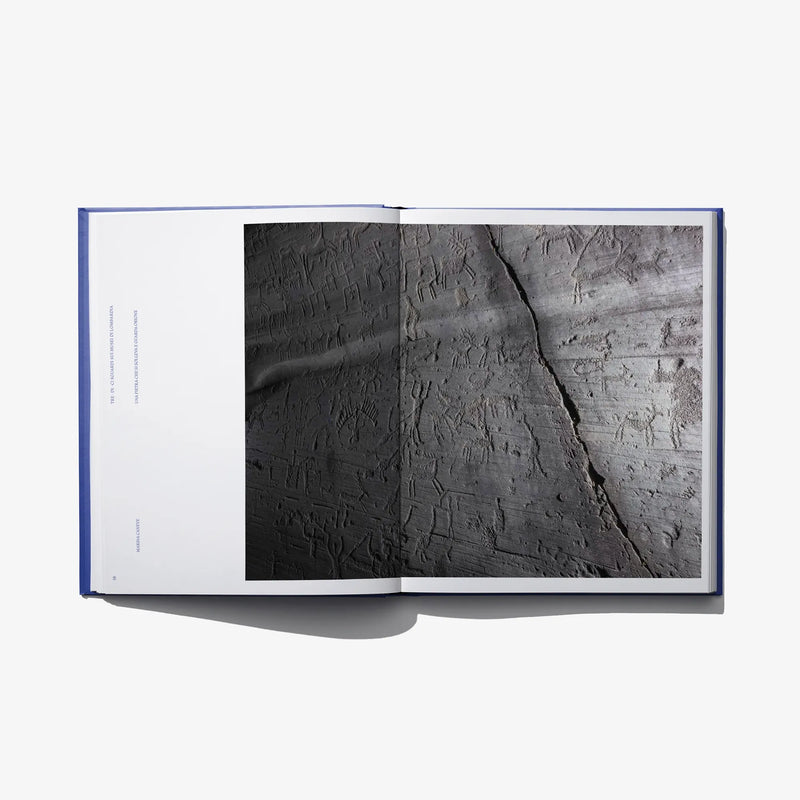 Open book spread with black-and-white stone relief texture close-up
