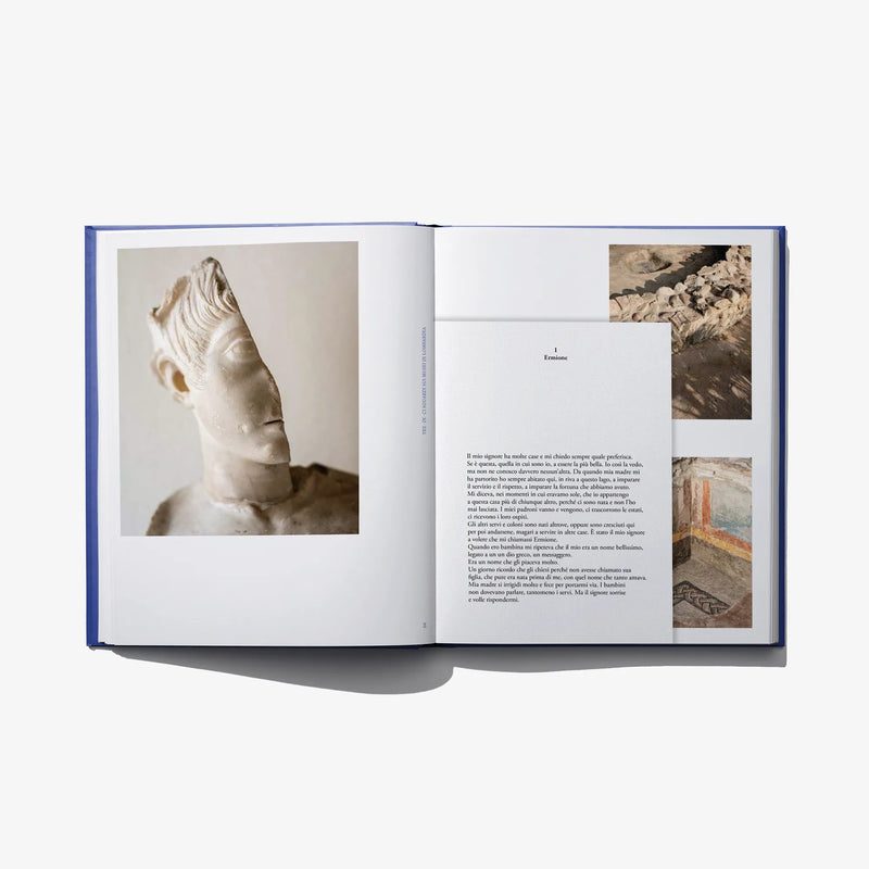 Open book spread with statue photo on left and artwork thumbnails on right