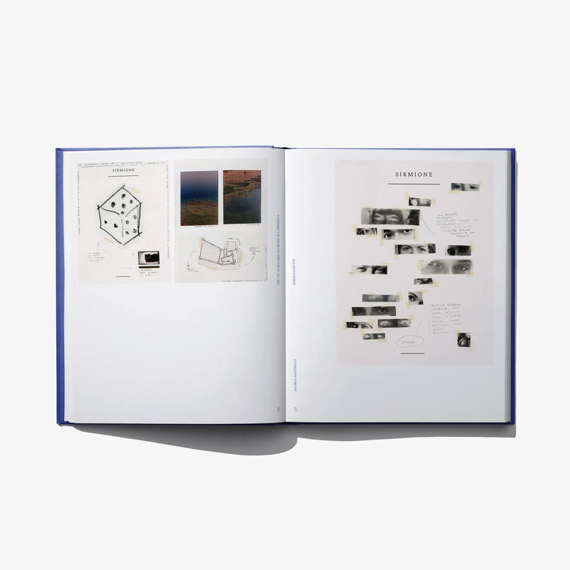 Open book spread with sketches, diagrams, and small landscape photos