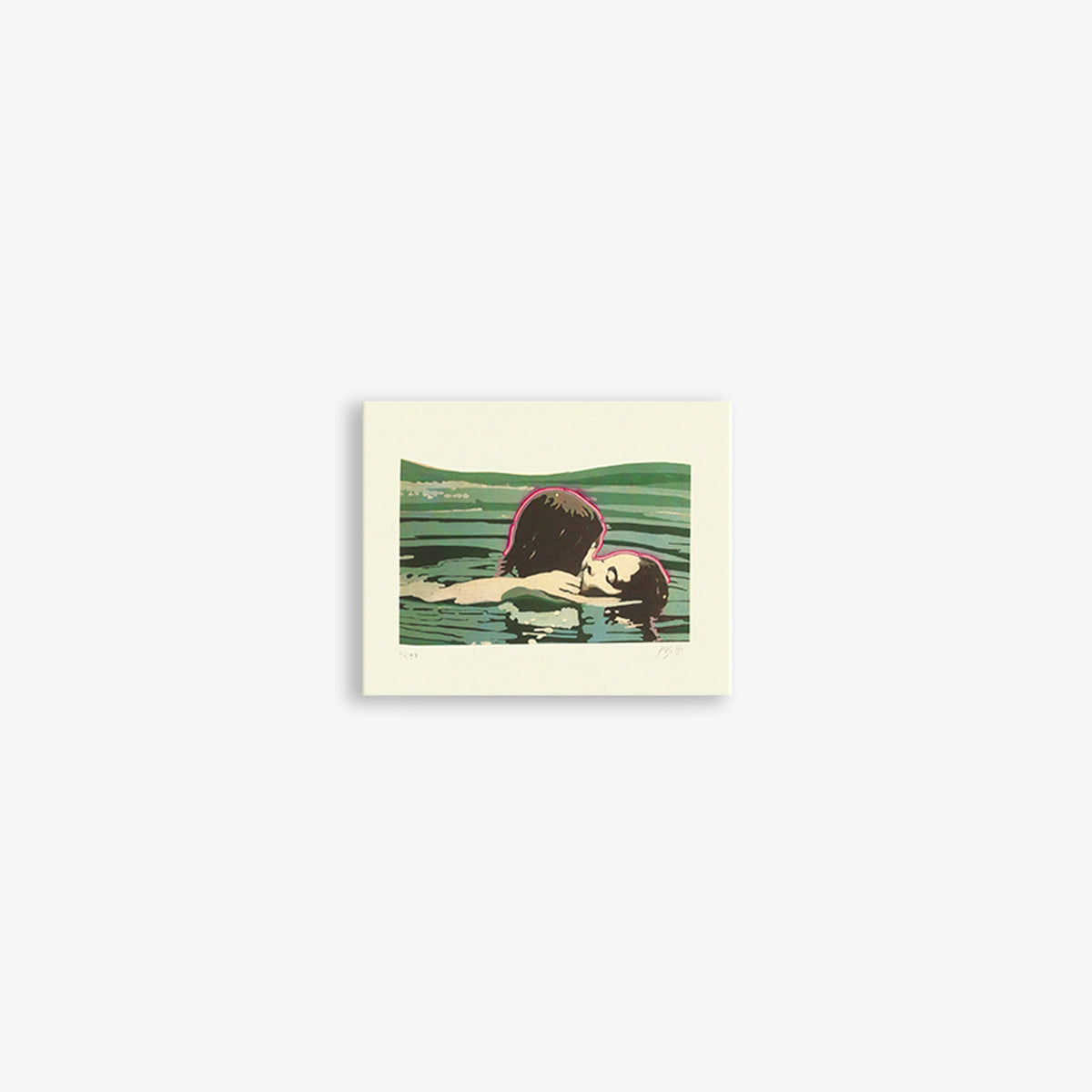 Small framed limited-edition art print with green water and two figures