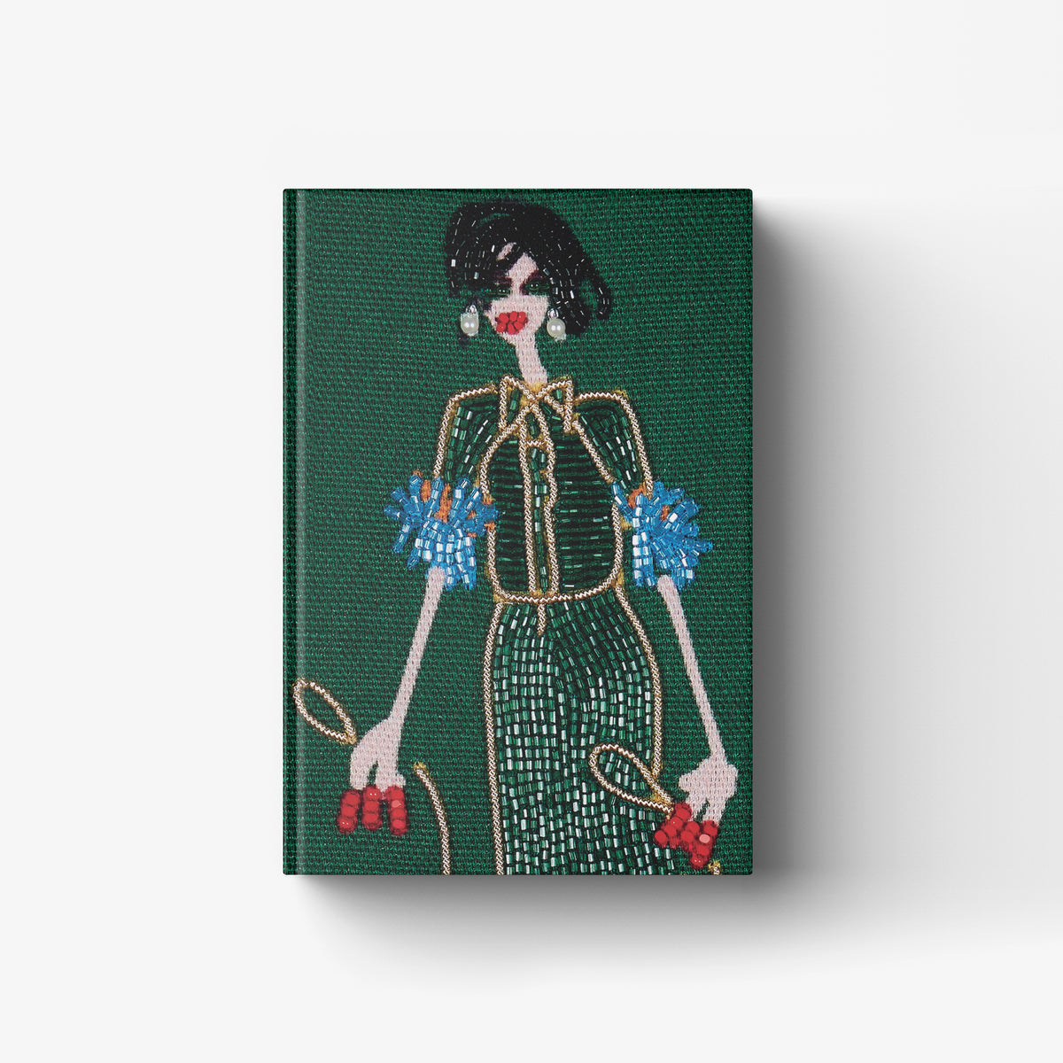 Contemporary art illustration by Skira Arte, green beaded female figure, from the Tipe Umane series from 2016