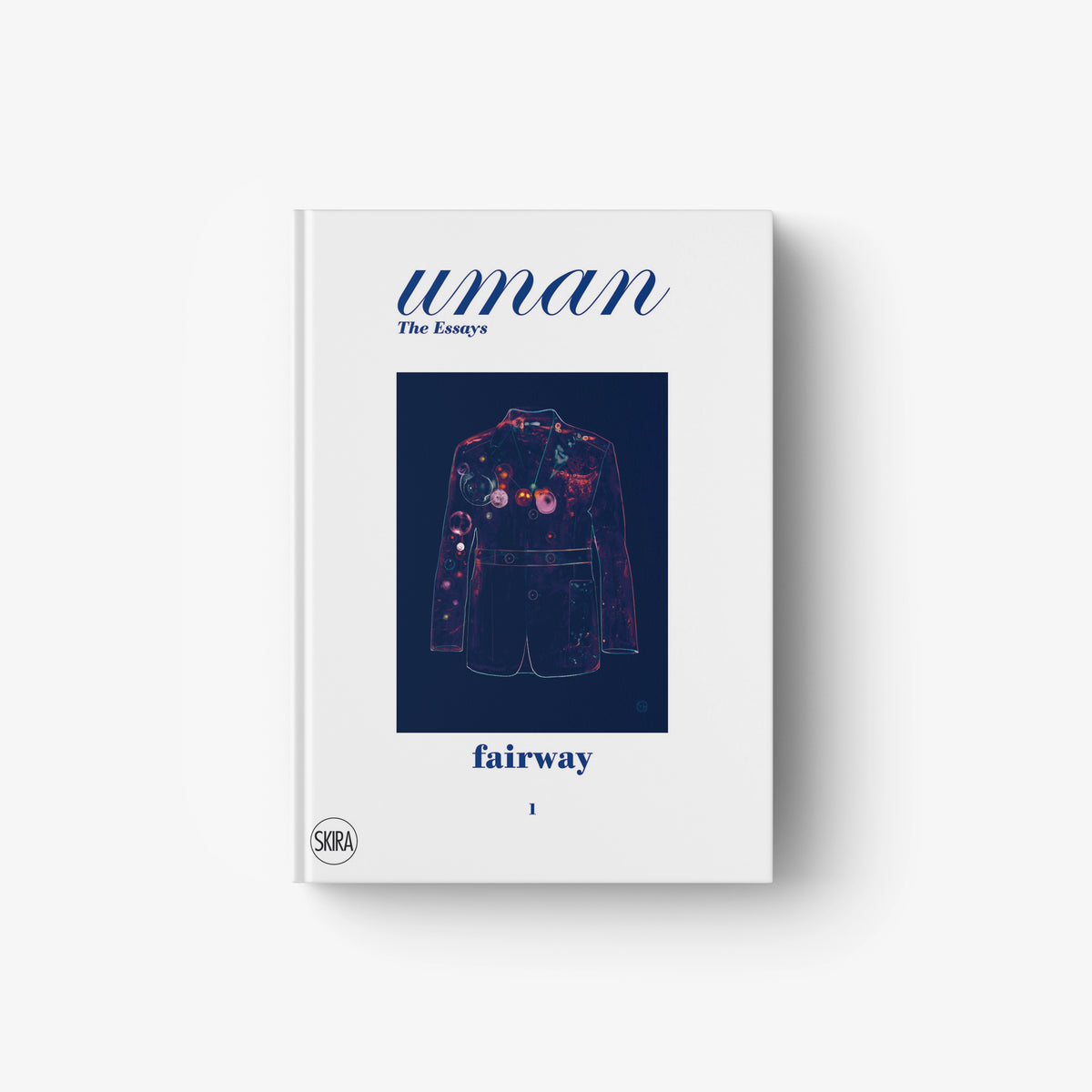 Hardcover book with white cover, blue title text, and astronaut-like jacket illustration