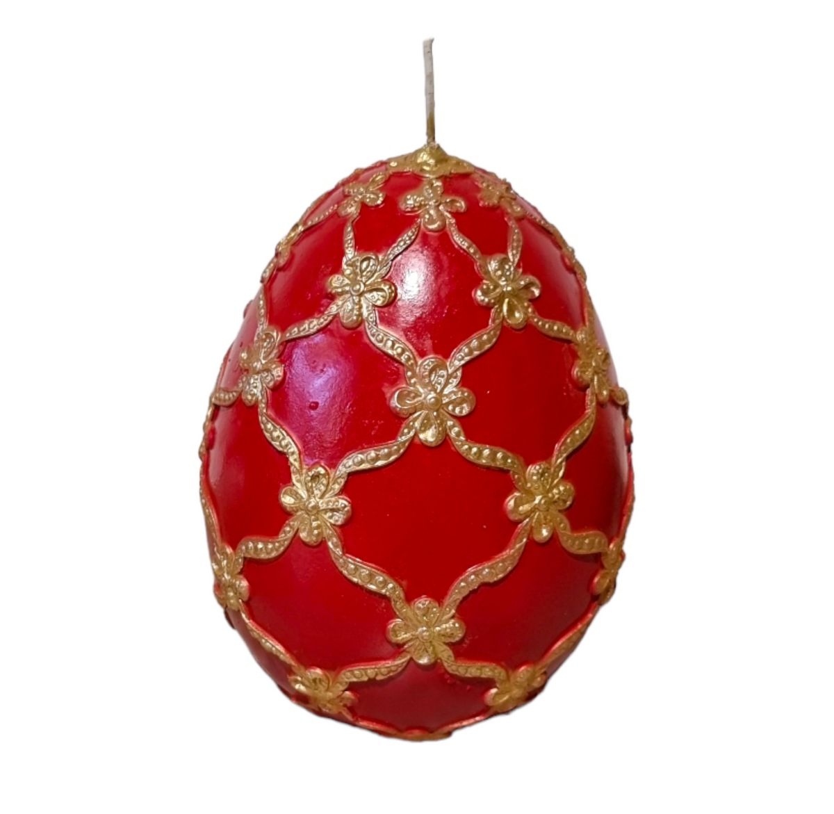 Red and gold decorative Easter egg candle with gold filigree pattern