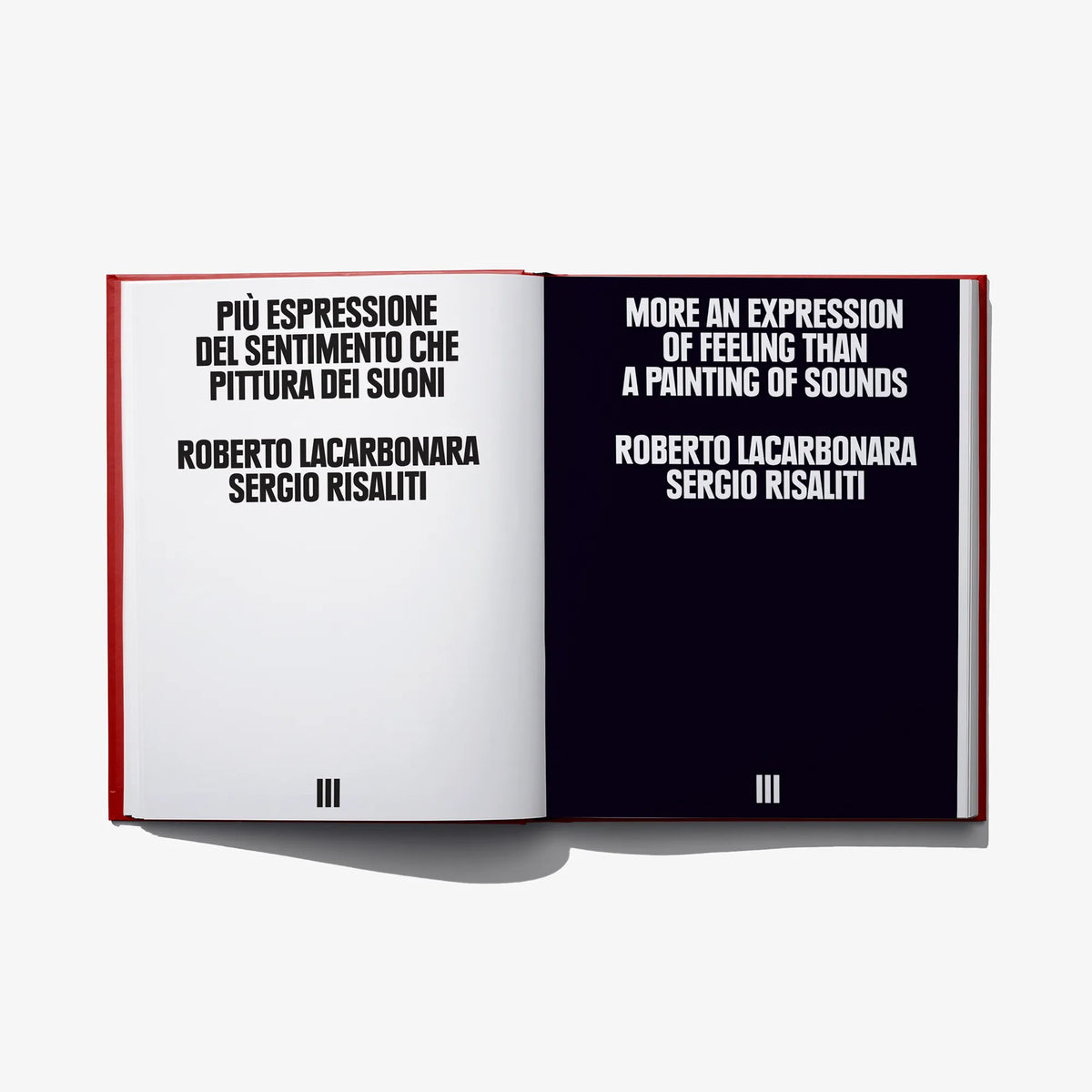 Open photo book spread with printed text and dark-themed page layout