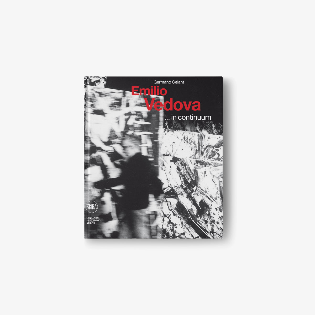 Art book cover by Emilio Vedova with black-and-white abstract collage and red title text