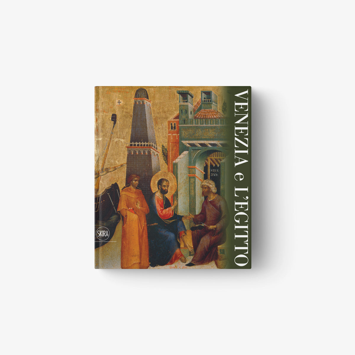 Hardcover book with illustrated Venice and Egypt cover art and vertical title