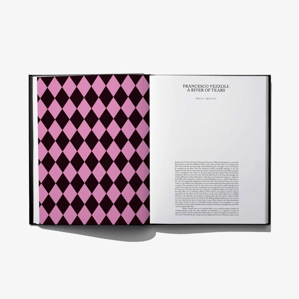 Open art book spread with pink diamond pattern page and text page