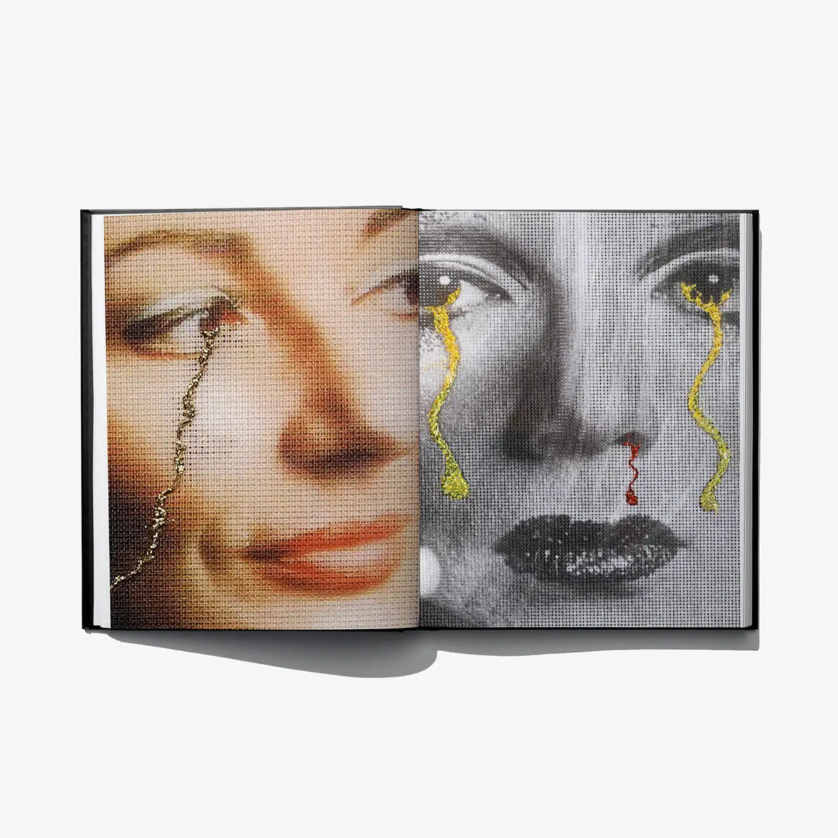 Open art book spread with paired faces in orange and black-and-white