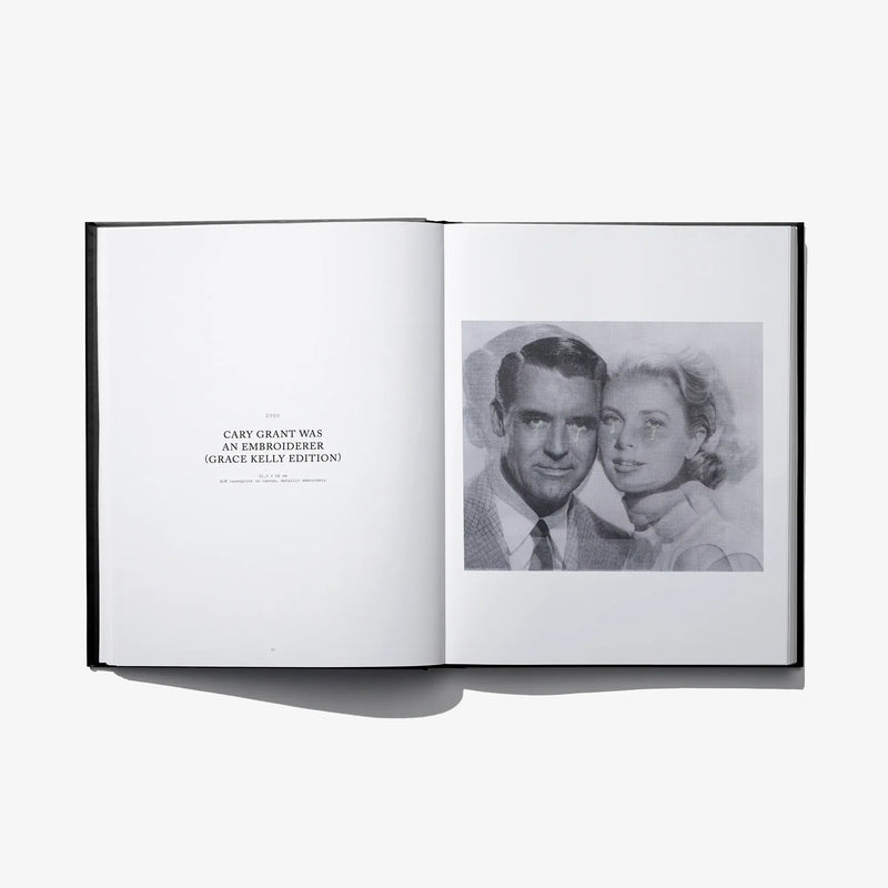 Open art book spread with black-and-white couple photo on the right page