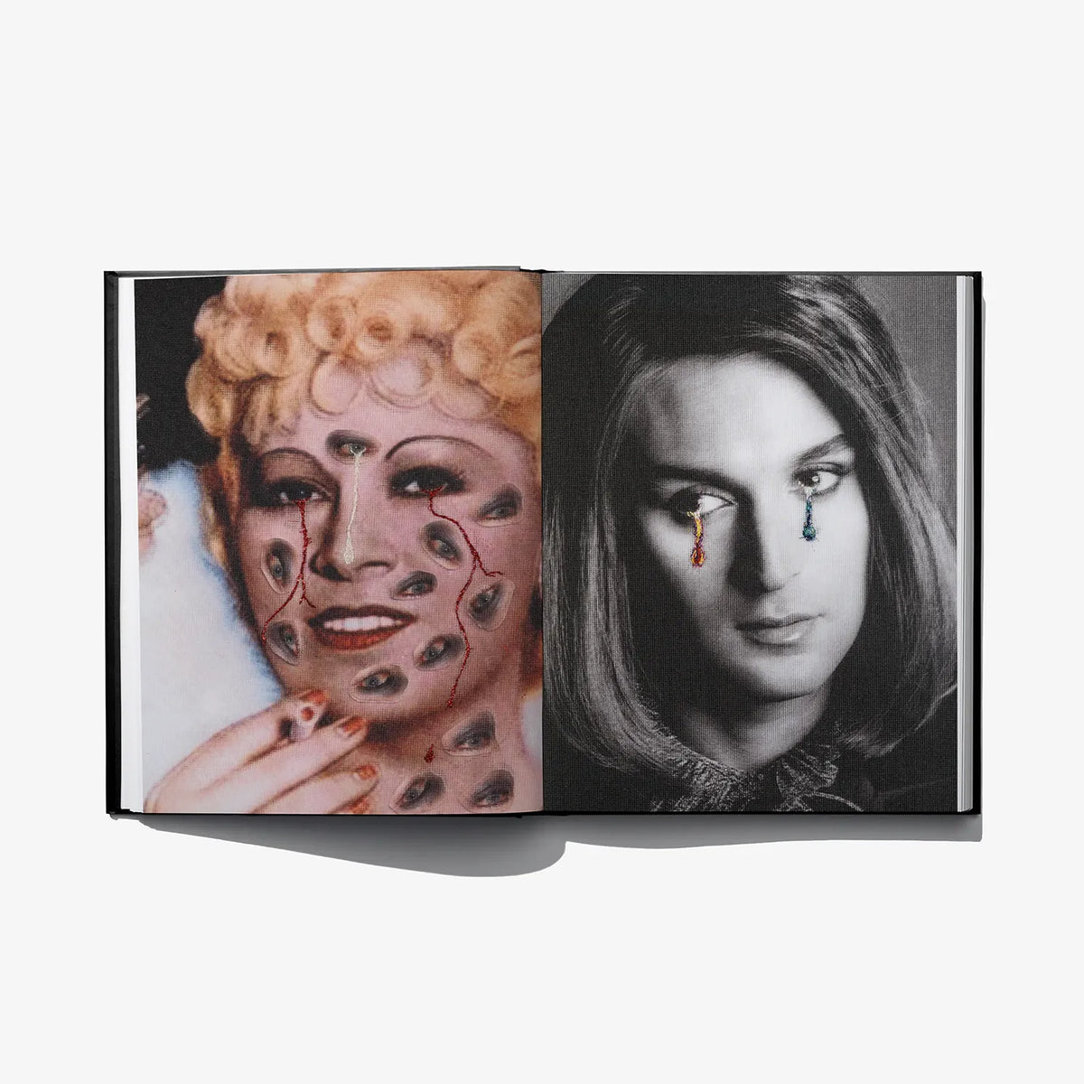 Open art book spread with two women portraits, one colorful and one monochrome