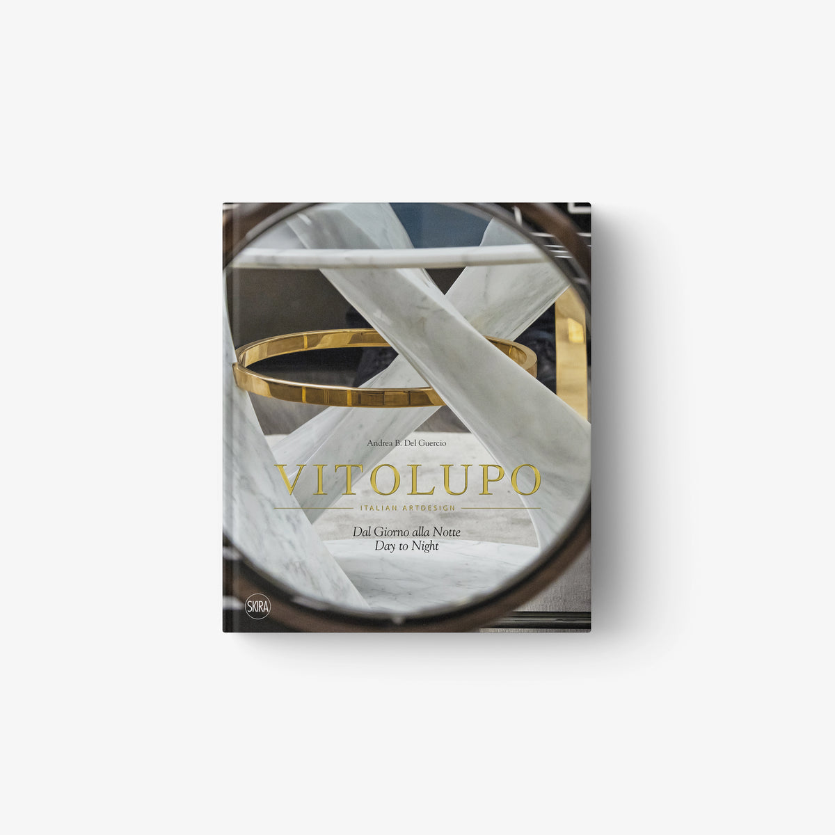 Soft gray scarf with golden and silver abstract stripes folded on a reflective surface with VITOLUPO branding.