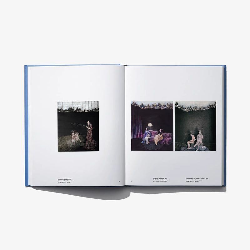 Open art book spread with three small artwork photos on a white page