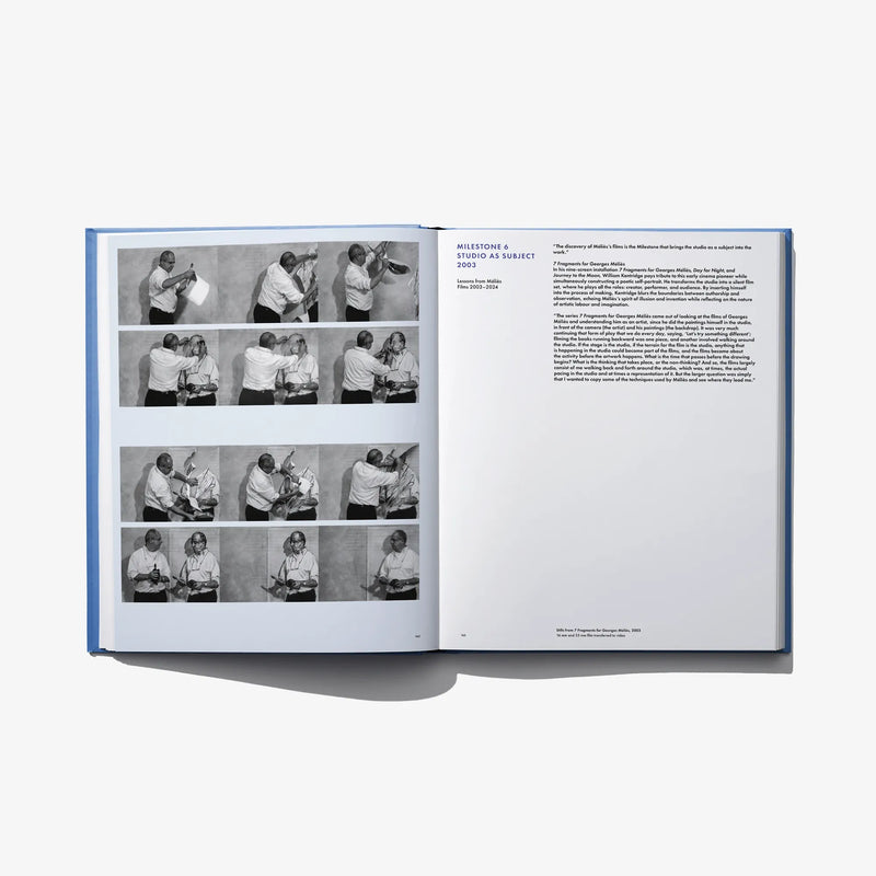 Open art book spread with black-and-white portrait layout and dense text block