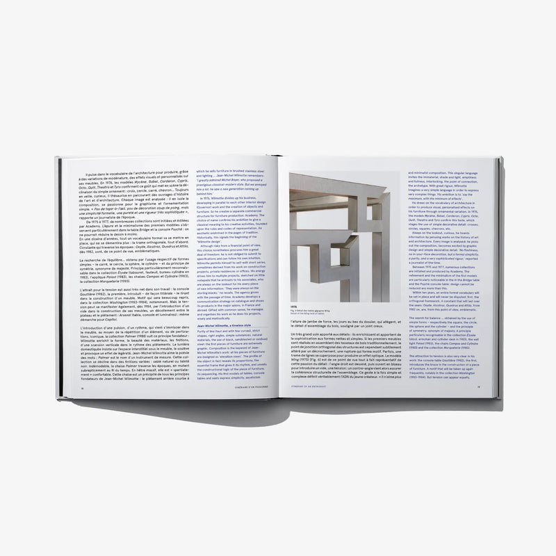 Open design book showing printed text and photo of geometric architectural structure