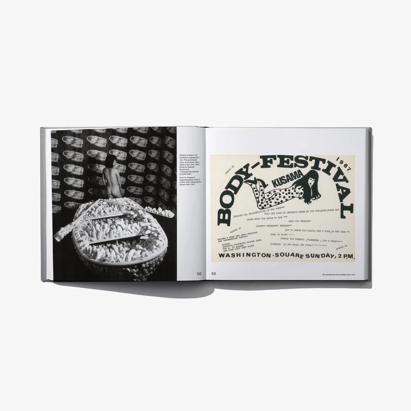 Open art book spread with black-and-white photo and bold event-style text