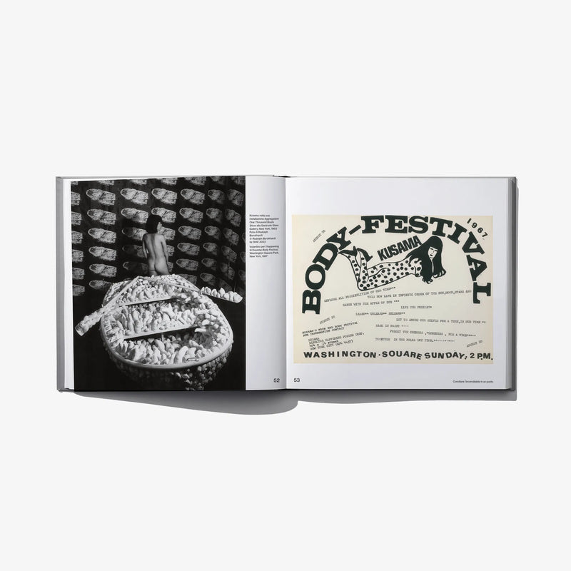 Open art book spread with black-and-white photo and poster-style text panel