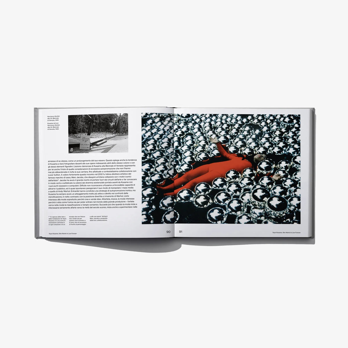 Open art book spread with black-and-white pattern and a red sculptural form