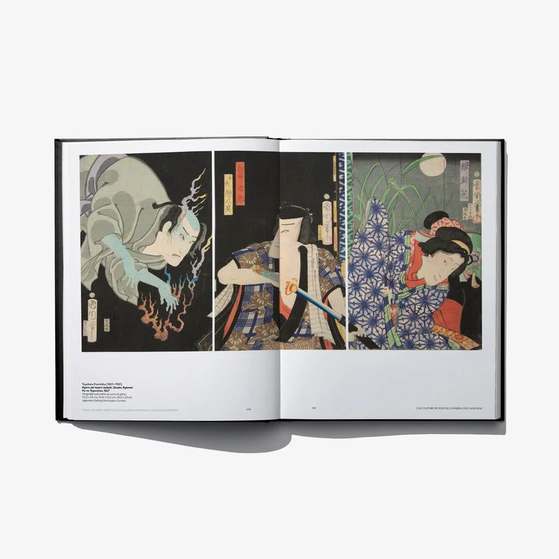 Open book spread with two illustrated panels, horned yokai and interior scene