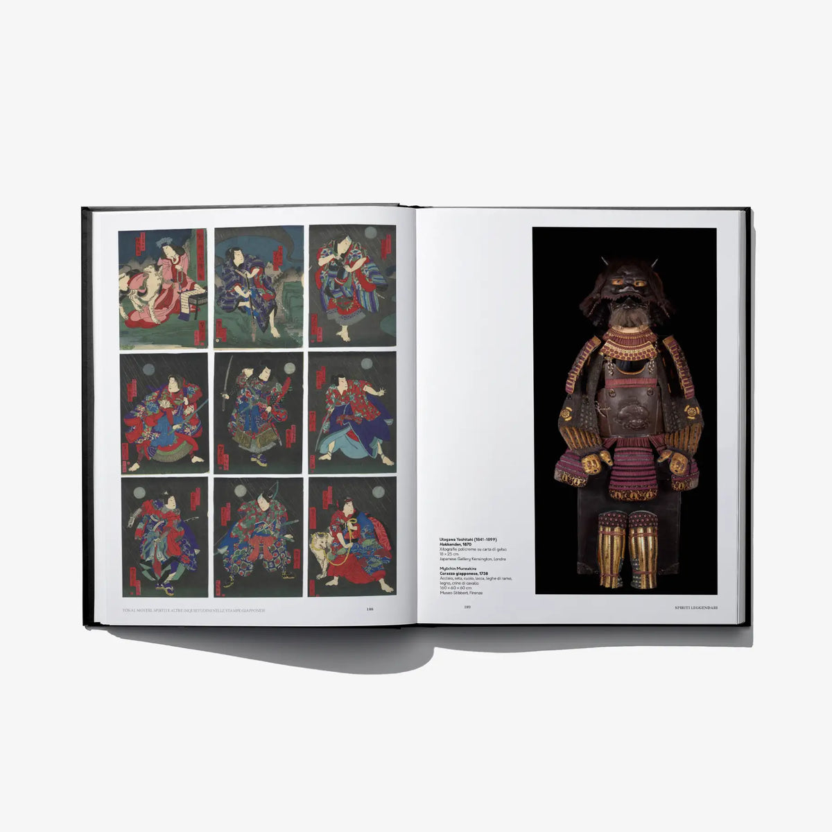 Open book spread with multiple small prints left and armored spirit figure on right