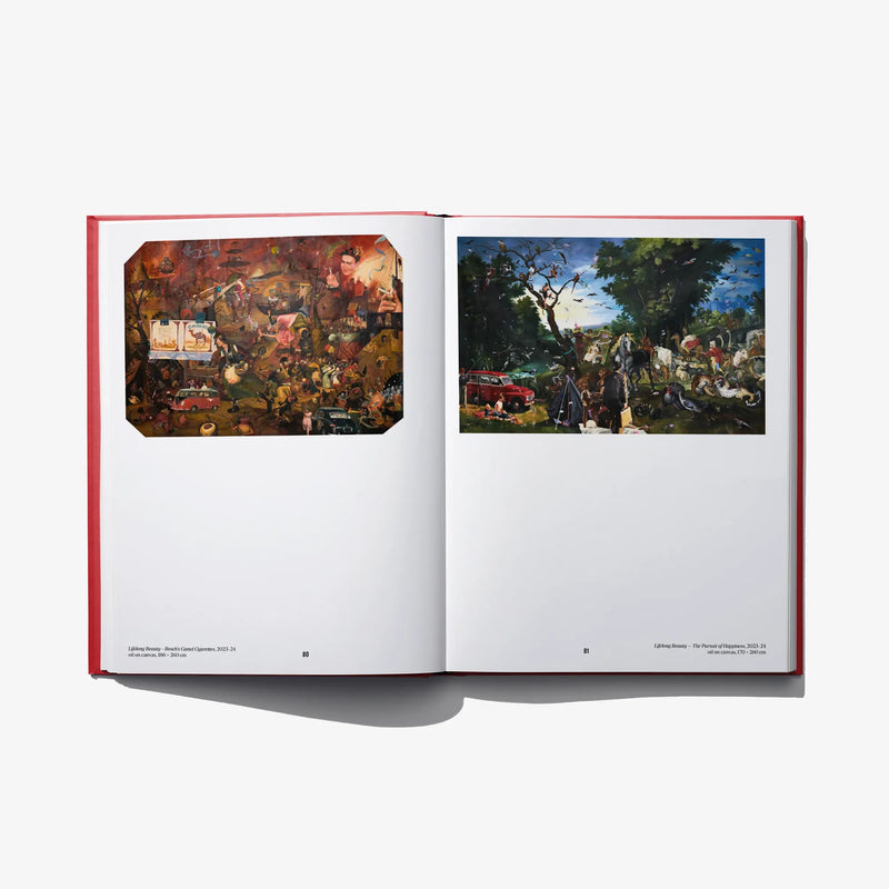 Open book spread showing two framed painting illustrations side by side