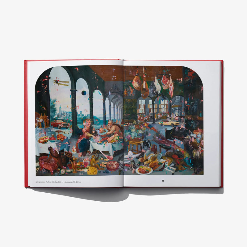 Open book spread featuring a detailed colorful indoor scene across two pages