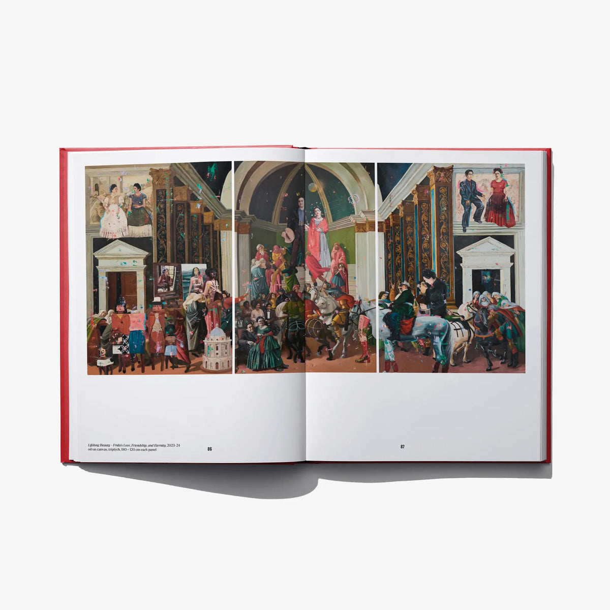 Open book spread with three-panel illustration of people in an ornate hall