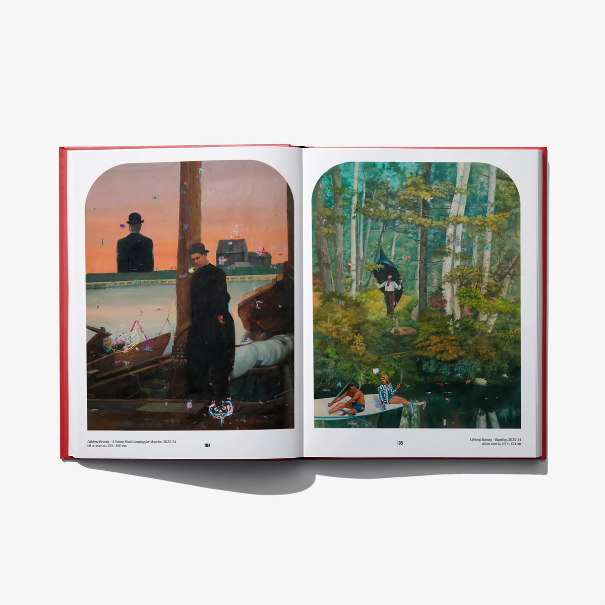 Open book spread with two landscape paintings: riverside dusk and forest path