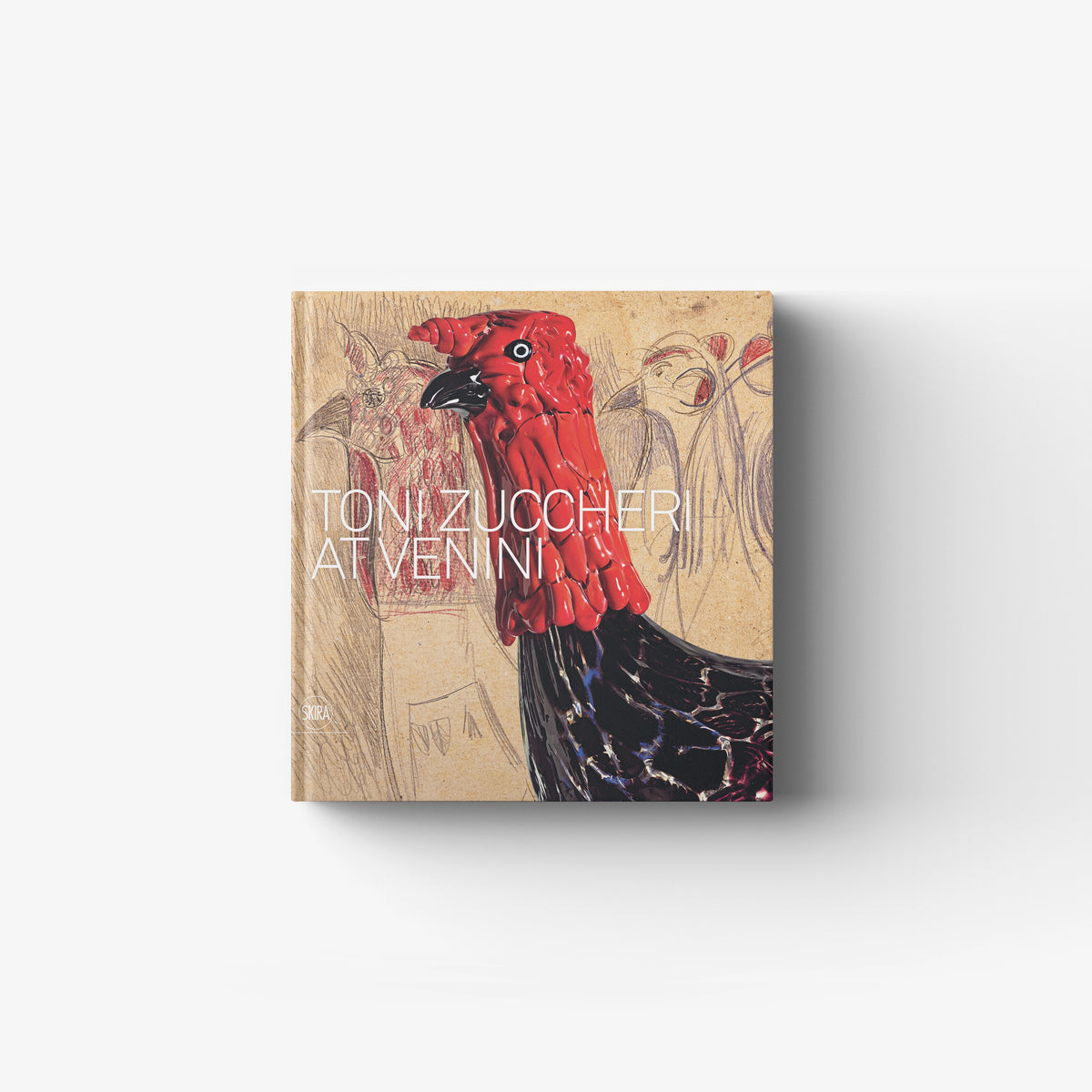 Glass art book by Skira Arte with red and black parrot artwork on a beige cover, Toni Zuccheri at Venini