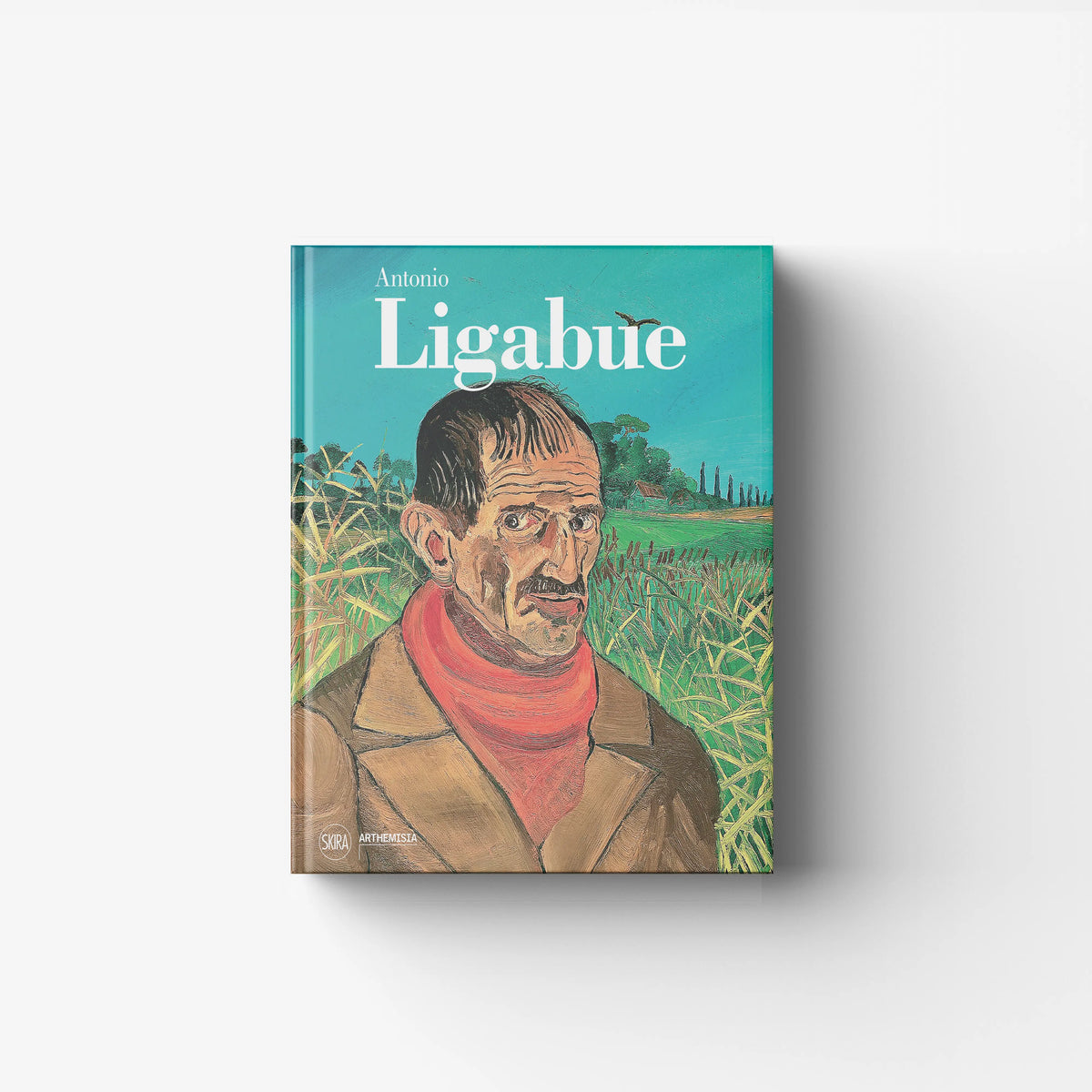 Art monograph book in teal with Antonio Ligabue portrait cover, Skira Arte, illustrated art monograph